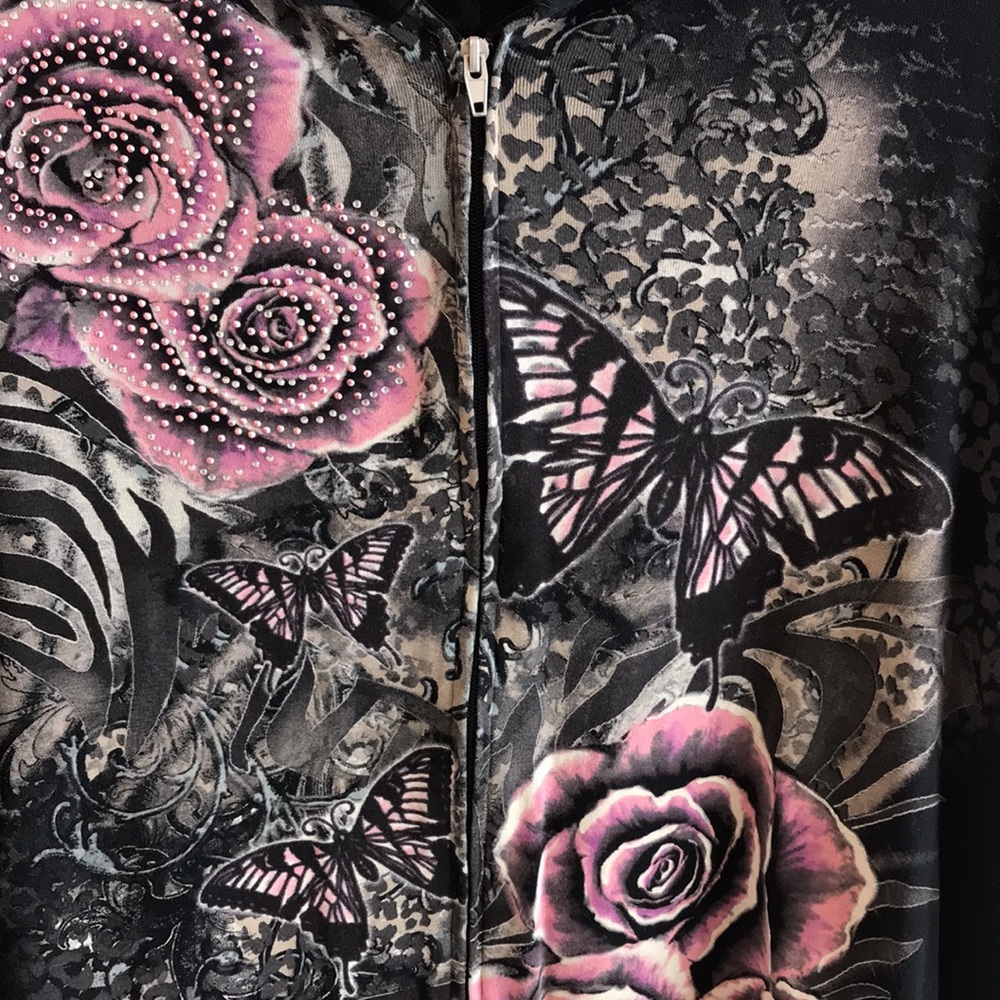 Essentials Sz 4X hoodie zip front Y2K graphic roses Butterflies crystals black - Picture 7 of 14